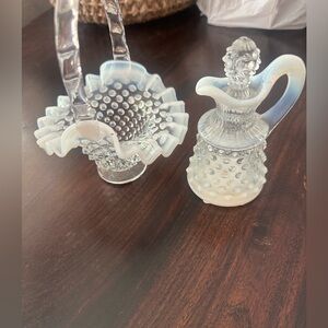 Vintage Fenton Opalescent Hobnail Glass Basket & Cruet Set - Pale Blue/White